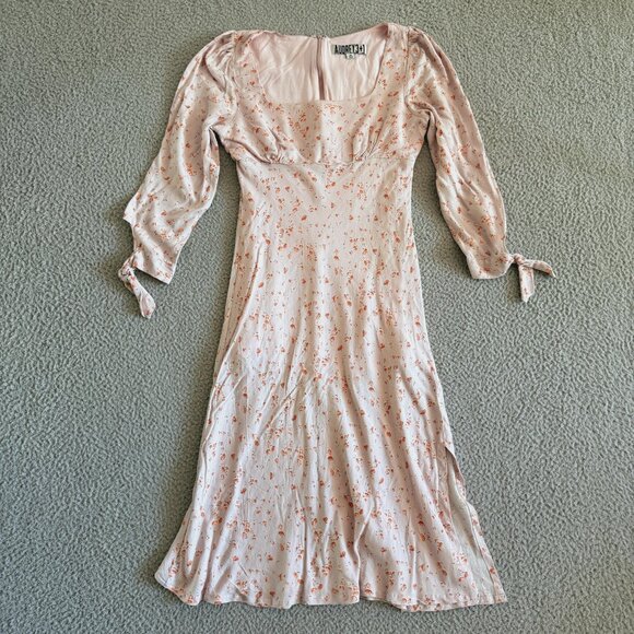 Audrey 3+1 Dress Pink Floral Midi Puff‎ Sleeve Tie Boho Rayon Lined - Picture 1 of 15